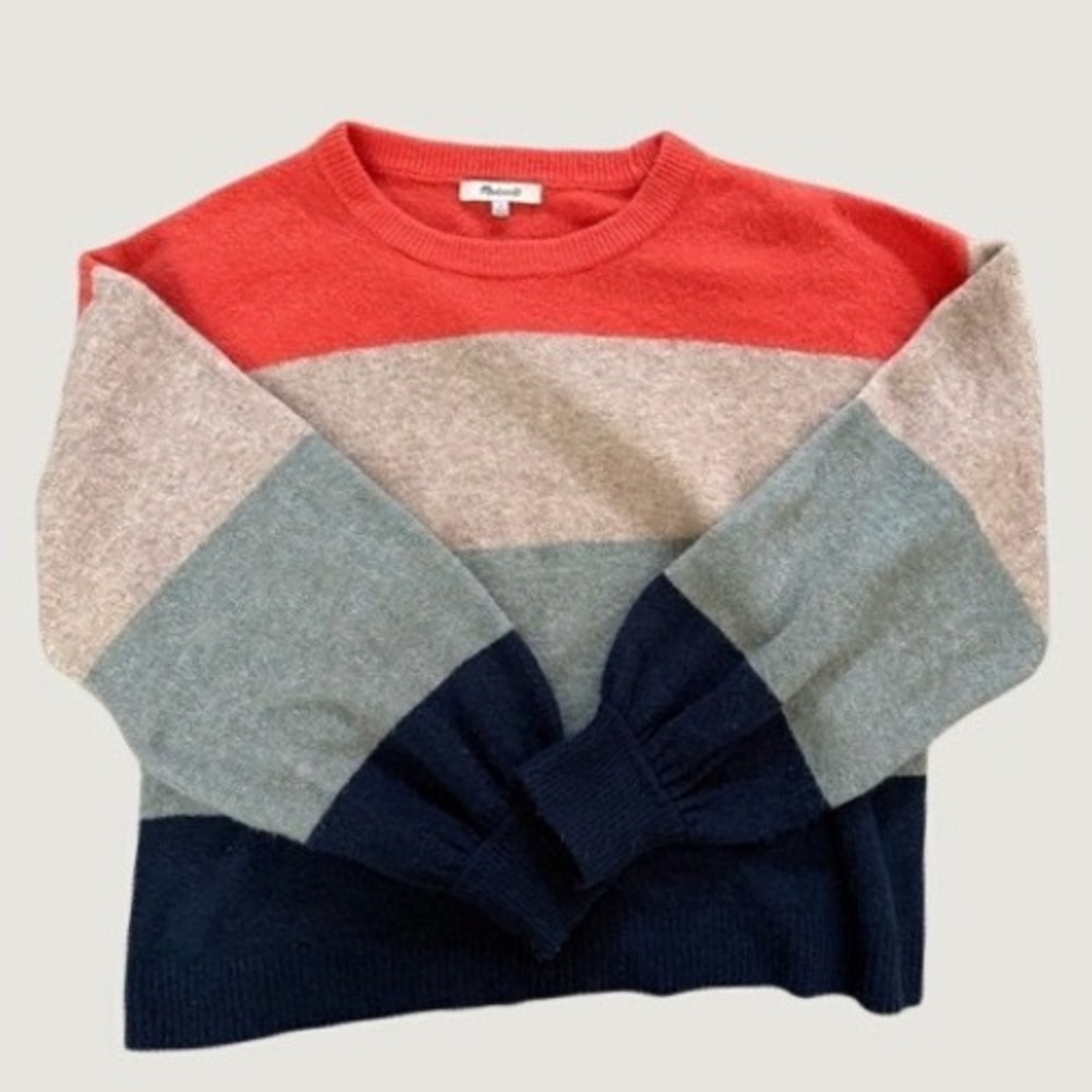 Madewell Colorblock Wool Alpaca Blend Puff Sleeve Crewneck Sweater Multicolor M